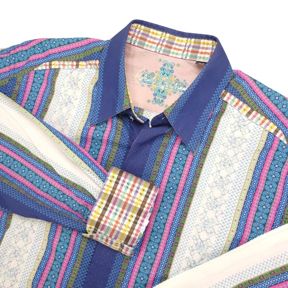 Robert Graham Shirt Men's XL Blue White Pink Flip Cuff Funky Print 60s Vibe - Picture 1 of 16